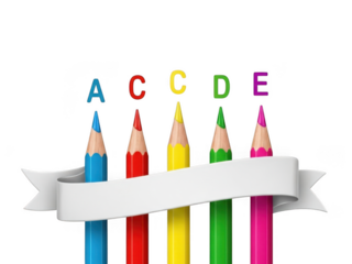 Five colored pencils in a row with letters a, c, c, d, e above them, isolated on transparent background