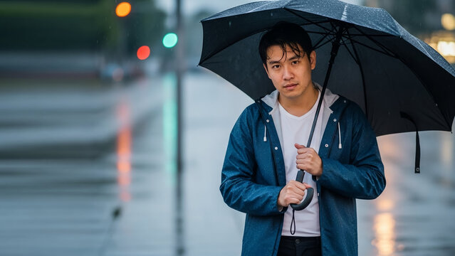 Young Asian man holding umbrella and standing in rain on city street