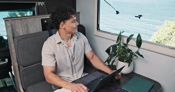 Typing, laptop and thinking with man in van for travel blog, freelancer or holiday review. Road trip advisor, online guide and remote worker with person in campervan for vision or digital nomad