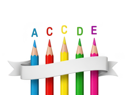 Five colored pencils in a row with letters a, c, c, d, e above them, isolated on transparent background