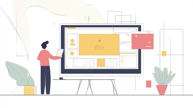 Conceptual design meeting with a large monitor screen showing website prototypes