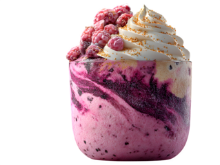 Delightfully decadent smoothie with raspberries and whipped cream brings a refreshingly sweet indulgence, perfect for healthy lifestyle promotions and treat designs