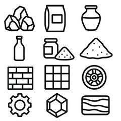 Industrial Materials Icons. Industrial mineral uses linear icon set. quarry rock, bag of cement, glass bottle, ceramic pot, pigment container, sand mound, salt crystal, brick wall