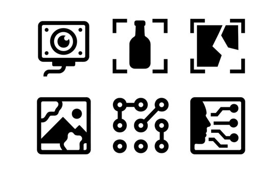 Brutalist Computer Vision Icons. Computer Vision silhouette icon set. vision sensor, object detection, edge recognition, image segmentation, pattern analysis, feature extraction.