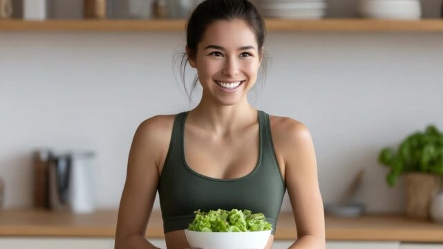 Healthy Lifestyle Concept with Woman Holding Fresh Salad in Modern Kitchen Setting 4k video footage - Powered by Adobe