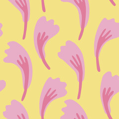 Seamless vector floral pattern with botanical ornament: abstract pink flowers or leaves on yellow background. Could be used as wallpaper, texture, print, fabric. 