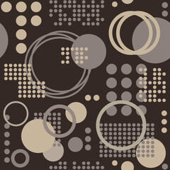 Seamless geometric pattern with gray and beige circles on dark brown background. Could be used as wallpaper, texture, print, fabric. 