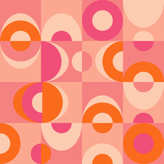 Seamless geometric pattern in retro style with orange and pink circles and segments on pink background. Could be used as wallpaper, texture, print, fabric. 