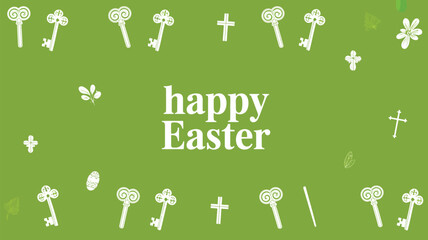 Happy easter greeting with decorative keys crosses and floral elements on a green background