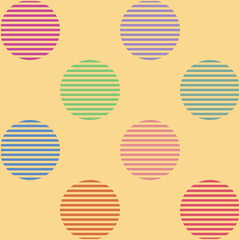 Seamless geometric abstract pattern with pink, blue, purple, green, red circles in colorful pastel colors on yellow background. Could be used as wallpaper, texture, print, fabric. 