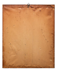 Back of an old picture in a wooden frame on a white background, including clipping path