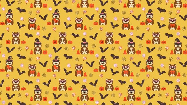 Seamless vector pattern video with funky bears and bats and halloween ornaments on yellow background. Could be used as wallpaper or background for any content, loops continuously. 