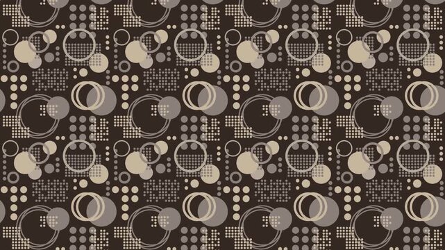 Seamless geometric pattern video  with gray and beige circles on dark brown background. Could be used as wallpaper or background for any content, loops continuously. 