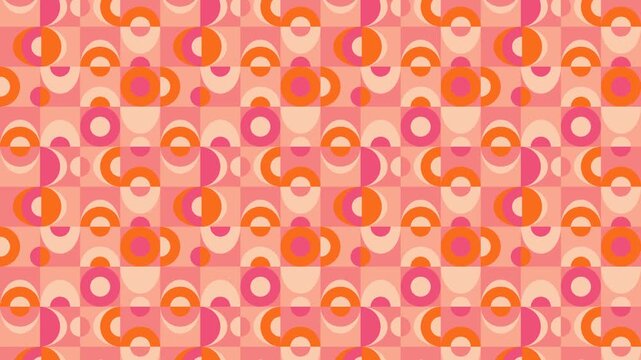 Seamless geometric pattern video in retro style with orange and pink circles and segments on pink background. Could be used as wallpaper or background for any content, loops continuously. 