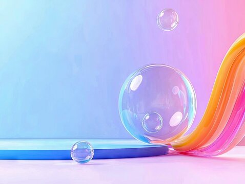 An abstract composition featuring transparent bubbles floating in a gradient background with a stage and colorful swirls.