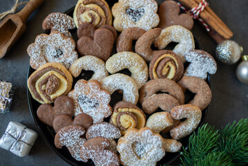 Christmas cookies baking on wooden background