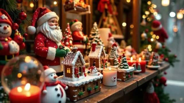 Festive stall with christmas souvenirs including Santa figurines and gingerbread houses in the atmosphere of a christmas fair. Concept of holiday shopping, handmade crafts.