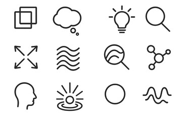 Insight Icon Collection. Deep Understanding Icons linear icon set: layered insight icon, reflective bubble, inner-light spark, perspective arrows, nuanced pattern, meaning lens