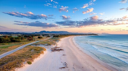 Aerial view of a beautiful beach at sunset with waves, sand, and clouds. The image captures a serene coastal landscape.