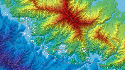 Topographic map showing elevation changes and terrain features of a mountainous coastal region with urban areas