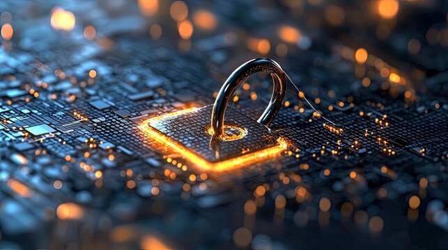 Close-up of a digital security lock on a circuit board, representing data protection and cybersecurity. The image features a glowing effect, highlighting the im
