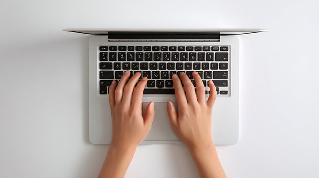 Hands typing on a laptop keyboard with white background fingers