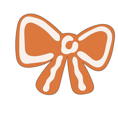 Christmas Gingerbread Cookie Icon. Bow Sweet  Icing Baked Holiday Symbol. Happy New Year Family Party Snack. Greeting Card Design Element. Vintage Gift Biscuit Art