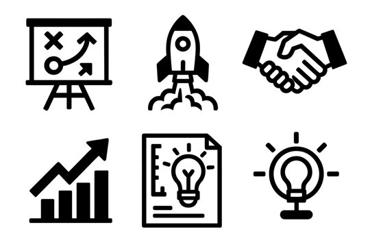 Bold Business Icons. Business Innovation silhouette icon set. strategy chart, startup launch, handshake deal, growth arrow, product sketch, innovation hub.