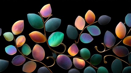 Close-up of vibrant, iridescent leaves on golden branches against a stark black background. The leaves display a range of colors, creating a visually striking a