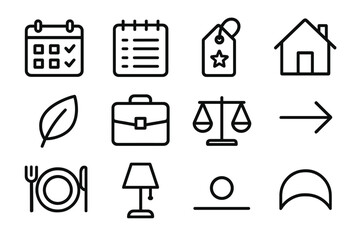 Lifestyle Icon Set. Lifestyle Coordination Elements Set linear icon set: schedule board, daily planner, priority tag, home icon, wellness leaf, work briefcase, balance bar