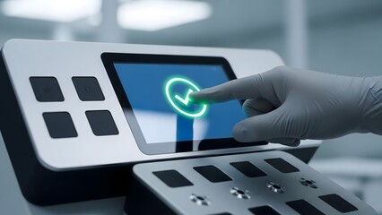 Modern touchscreen interface with a hand selecting a confirmation checkmark, technological advancement