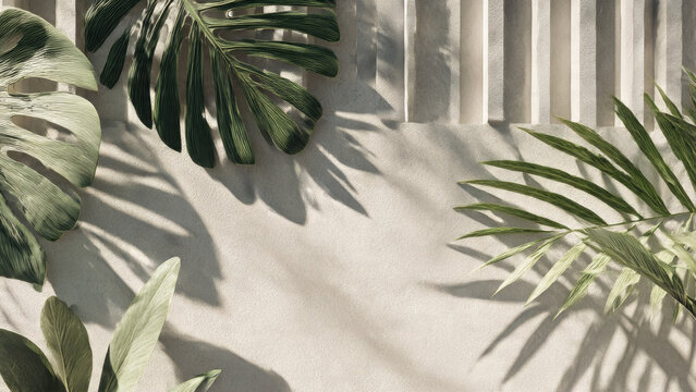 Lush tropical Monstera and palm leaves cast dramatic shadows on a textured beige wall. A serene, natural background ideal for product display. - Powered by Adobe