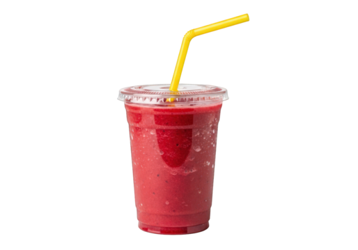 Berry smoothie in plastic cup with yellow straw on transparent background