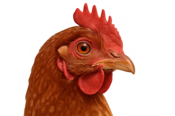 Brown hen head close-up showing comb, wattle, beak, and eye. Poultry farm animal on transparent background