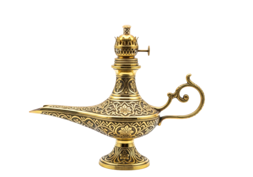 A vintage ornate golden oil lamp with intricate design on transparent background