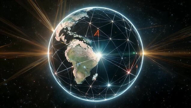 Futuristic 4K Ultra HD motion graphics video of a fantasy rotation of a network globe viewed from space illuminated by a dynamic flare of light showing the sphere rotating with continuous moving