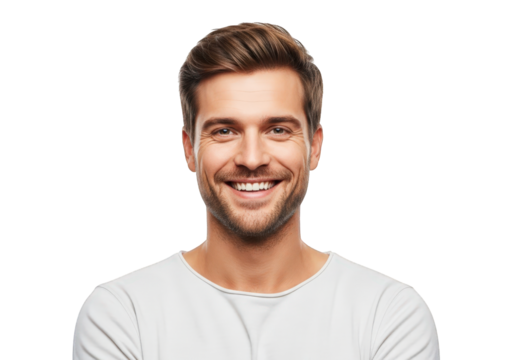 Portrait of a handsome young man with beard smiling at camera closeup - Powered by Adobe