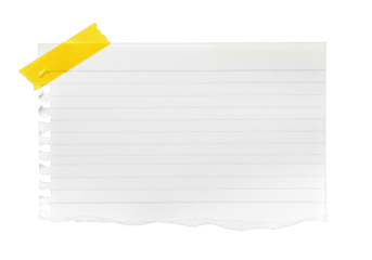 Blank lined notebook paper with yellow adhesive tape on transparent background