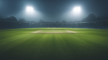 Fototapeta premium Empty cricket field with lush green grass under bright floodlights at night, creating calm and focused atmosphere for game in large stadium setting