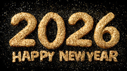 Golden shiny Happy New Year 2026 lettering animation with sparkling effects, festive Christmas celebration concept, elegant greeting inscription for holiday wishes, digital glitter background.