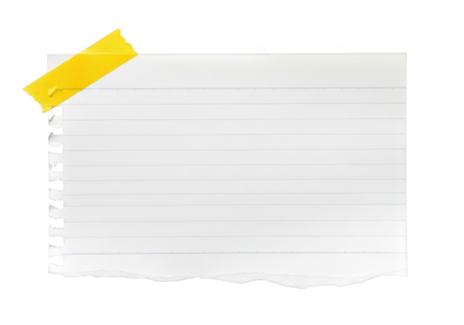 Blank lined notebook paper with yellow adhesive tape on transparent background