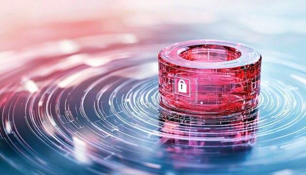 A red, glowing digital security lock icon with a padlock symbol, set against an abstract background of data lines and a blurred, gradient color scheme. - Powered by Adobe