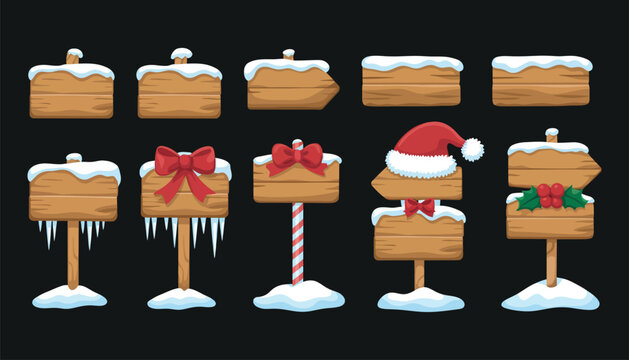 Winter wooden sign board Christmas style wooden arrow with snow, ice, plywood texture, North Pole inspired direction panel and cartoon UI game design artwork