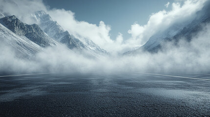 Snowy mountain range with misty clouds over frozen lake under blue sky, creating cold and serene winter landscape atmosphere