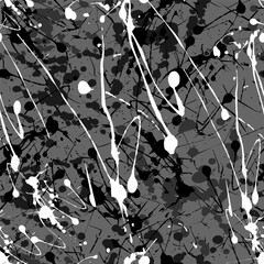 Abstract seamless texture showing black and white paint splatters over gray surface. Ideal for modern wallpapers, fashion prints, posters, branding projects and digital backgrounds with grunge style.