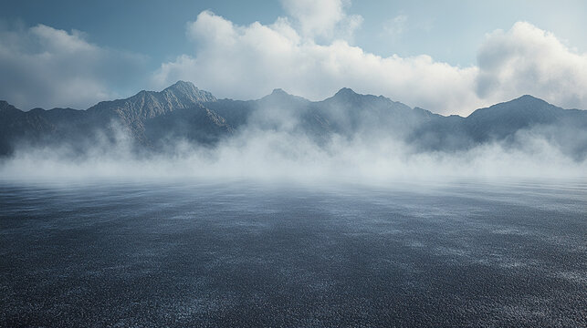 Misty mountain landscape with low fog covering dark rocky ground under cloudy blue sky, creating mysterious and calm atmosphere in nature - Powered by Adobe