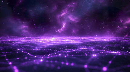 Ethereal purple digital space with vibrant glow effect showing futuristic network grid and sparkling light points creating cosmic and technological atmosphere