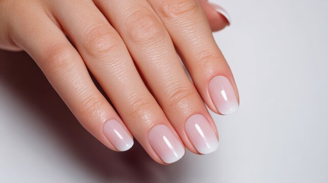 Professional hand model displaying elegant French ombre gradient manicure with classic timeless style on clean white background for beauty advertising and salon promotion marketing campaign concept.
