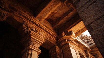 A detailed shot of ancient stone temple architecture, featuring elaborately carved pillars, decorative ceilings, and textured walls, bathed in warm, dramatic light.