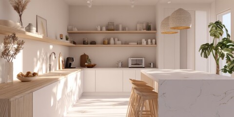 Bright modern kitchen interior with wooden accents, open shelves and natural sunlight